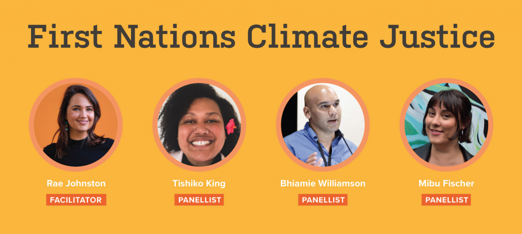 A row of four profile photos depicting the panellists and host from the First Nations Climate Justice public panel.